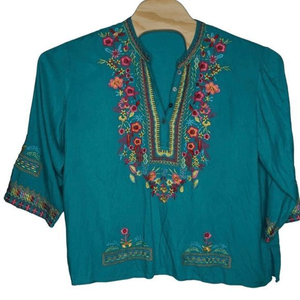 Teal Blue Embroidered Floral Long Sleeve‎ Tunic Flowy Blouse - See Measurements